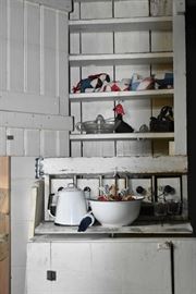 Primitve Cabinet Enamed Coffee Pot Bowls