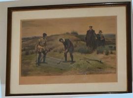 J A Gollman Lithograph Breaking the Sabbath-Hand-colored print/lithograph, apx.,  (15¾x25¼"). Framed and Matted. The picture depicts the breaking of the acts of parliament with regard to the Sabbath. In 1592, the town council of Edinburgh, Scotland decreed that none of its inhabitants “be seen at any pastimes or games within or without the town upon the Sabbath-day, " (regarding golf or other activities.  