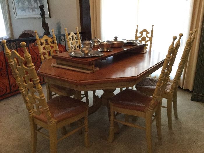 SWEET dining room set, table with two leaves, makes smaller or larger than shown, 6 carved tall back chairs, Fun!