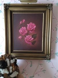 Roses original oil in fancy frame with light attached