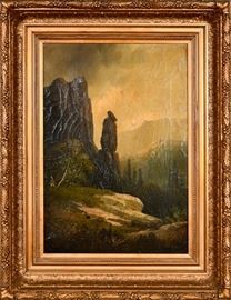 Lot #14 Fredrick Shafer Oil on Canvas Painting of Chimney Rock in the Sierra Nevada Mountains with a Starting Bid of $400
