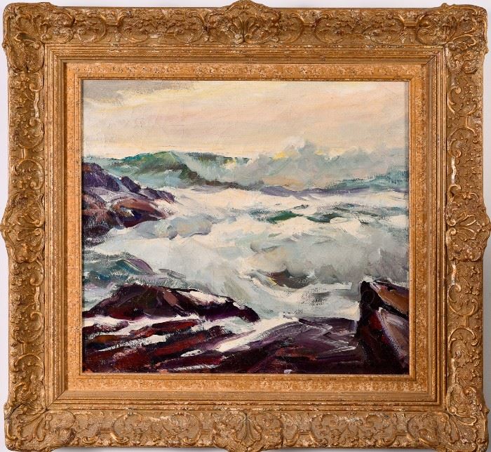 Lot #15 Emile Gruppe Oil on Canvas Seascape Painting of Bass Rocks with a Starting Bid of $1,500