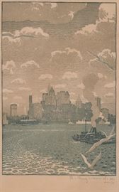 Lot #16 Rudolph Ruzicka Woodblock Print of Lower Manhattan with a Starting Bid of $500