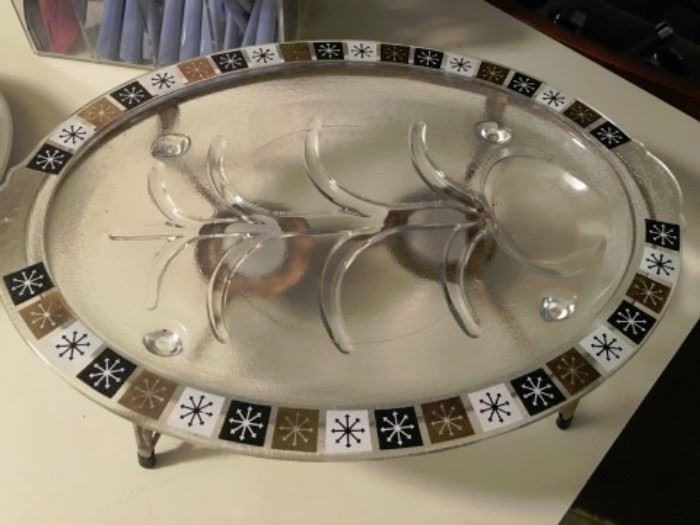 Retro/Vintage serving platter.  Tempered glass with two candle holders  underneath.  