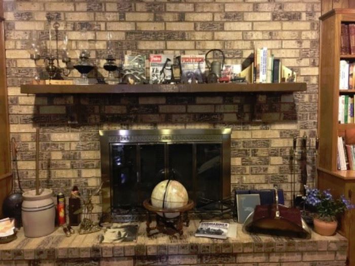Large Fireplace, Mantle and Hearth includes Railroad items, oil lamps, Crock, Books and more. 