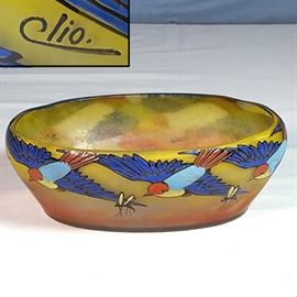 Glass Art Deco Enameled Bowl Signed Clio