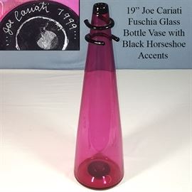 Glass Art Joe Cariati Bottle Vase Fuschia Black Horseshoe Accents