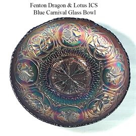 Glass Carnival Fenton Dragon  Lotus Blue Bowl