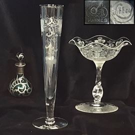 Glass Crystal Libbey Compote Hawkes Vase Silver Overlay Perfume