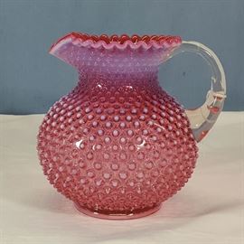 Glass Fenton Cranberry Hobnail Water Pitcher