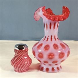 Glass Fenton Cranberry Opal Vase Sugar Shaker