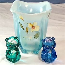 Glass Fenton Hand Painted Vase Bears