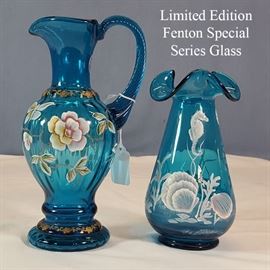 Glass Fenton LE Blue Decorated Glass Ewer Vase A