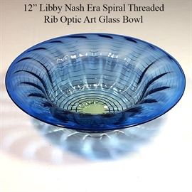 Glass Libbey Nash Era Spiral Threaded Blue Rib Optic Bowl