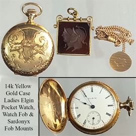 Jewelry 14k Yellow Gold Elgin Bodice Pocket Watch Sardonyx Intaglio Watch Chain