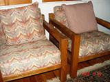 Heavy Oak Chairs in Flame Pattern Fabric