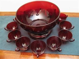 Ruby Red Anchor Hocking Punch Bowl Set