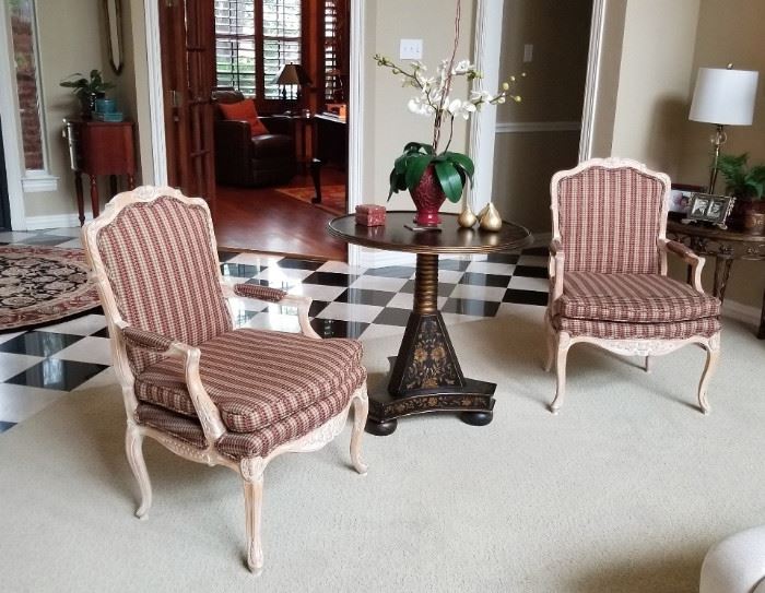 Custom upholstered French Procincial Arm Chairs