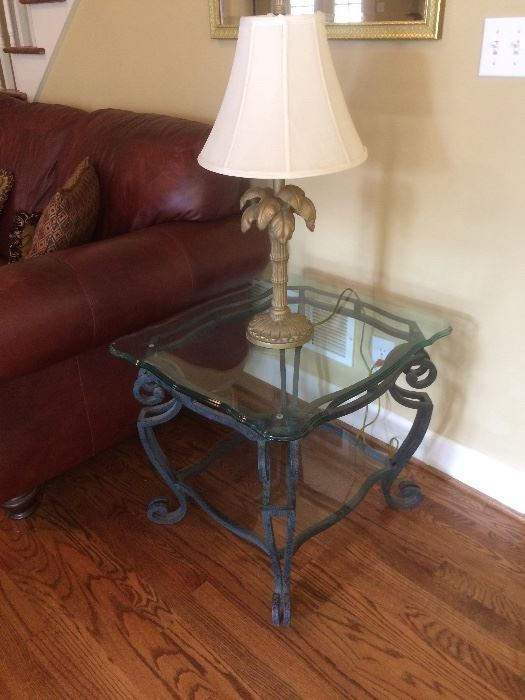 one of two beveled glass and wrought iron side tables -- coordinates with oval coffee table -- from Rich's 