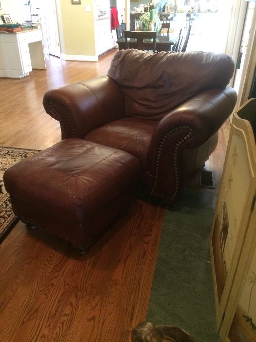 rolled arm leather chair with matching ottoman