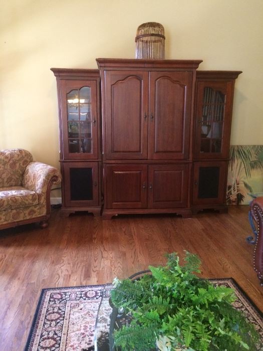 entertainment center with two display / component cabinets (all doors on center cabinet slide in) 