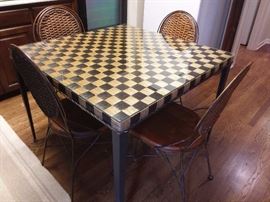 Rattan and Metal Game Table with Glass Top. 38" Square. Chairs Separate. 