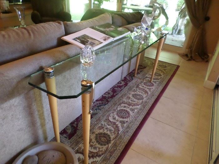 Contemporary XLong glass top sofa table, adjustable height
