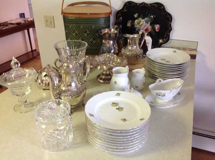 Denmark china waterford, bisquit jar, tole / toile painted tray, silver plate pitchers, vintage picnic basket