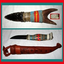 Arrowhead Knife with Antler Handle & Beads, Tag Reads Squaw Knife White Mountain Apache and Colorful Inlaid Wooden Handled Knife with Leather Sheath 