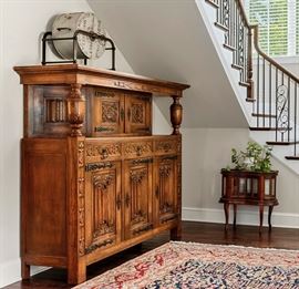 ANTIQUE ORNATE CARVED OAK COURT CUPBOARD SIDEBOARD, AND ANTIQUE FRENCH TOMBOLA DRUM circa 1898