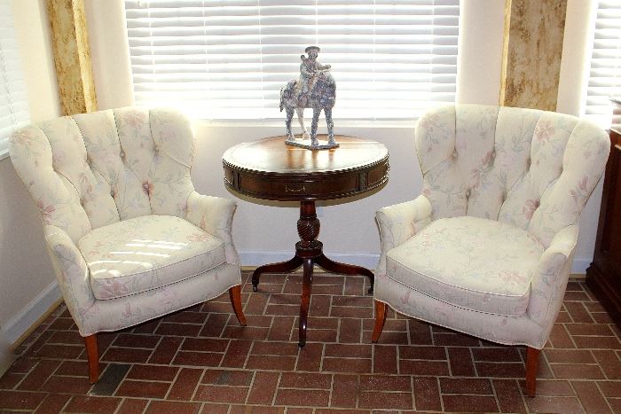 WINGED UPHOLSTERED CHAIRS ~ SET of 2, and ANTIQUE LEATHER TOP ROUND DRUM END TABLE, GAME TABLE, PARLOR TABLE