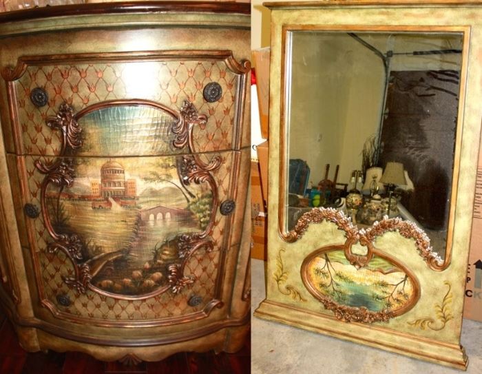 ANTIQUED VANITY & MATCHING MIRROR (EXACT MATCH - PHOTO COLORING OFF ON PHOTO - SORRY)