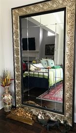 VERY LARGE ORNATE MIRROR, CAST IRON DOOR DOG DOOR JAMS, BOOK WOOD LEDGES and ASIAN VASE