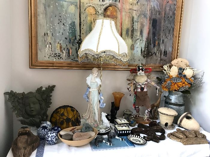PORCELAIN LAMP with SHADE, KACHINA DOLL SIGNED, CARVED ROCKS, CARVED GIRAFFE & BABY FROM AFRICA, CERAMIC BIRDCAGES, SMALL CAT LAMP, FLORAL ARRANGEMENT & more . . .