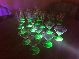 Vintage Wine and Champagne glasses with Uranium Glass Bases