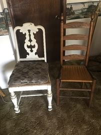 Sturdy Ladder back chair over 100 years old.  Heavy white chair  - needs seat covered