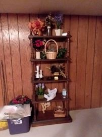 Vintage Wood Shelving with Assorted Silk Florals/Plants, and baskets