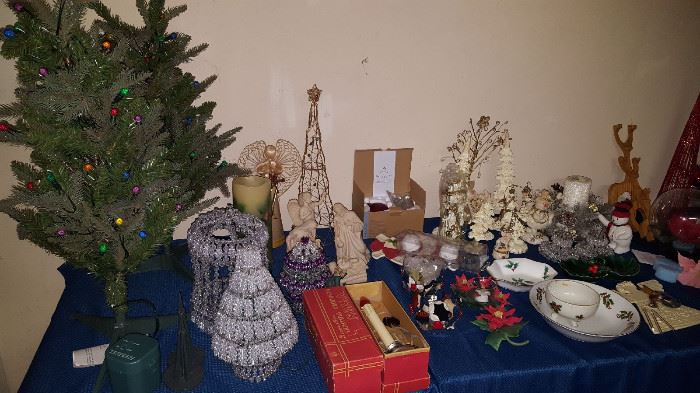 Christmas florals, trees, vintage display and other decorations and dishes