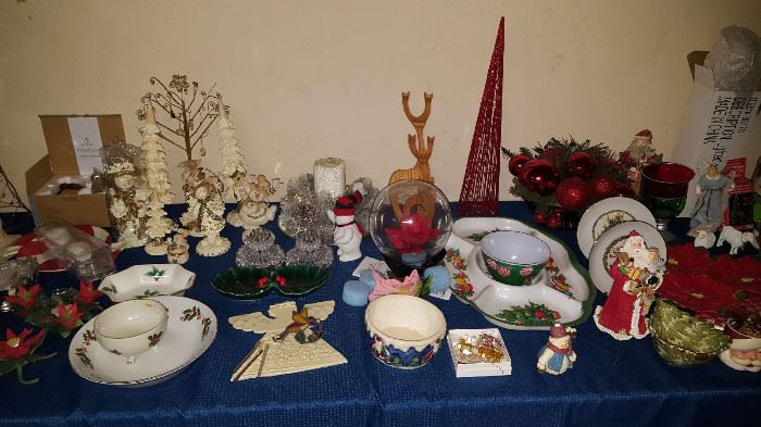 Christmas florals, trees, vintage display and other decorations and dishes