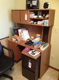 Sauder-Style Desk with Hutch; assorted office supplies; 2-Drawer Metal File cabinet