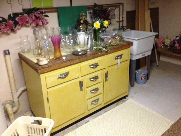 Great Mid Century Kitchen Cabinet on Wheels with Slotted Wood or Butcher Block style top
