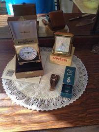 Howard Miller Case Clock; German UWersi Alarm Clock & German Brass Angel