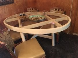  large yellow plastic table w/ glass top -  sold separate -set of 6 rolling chairs 