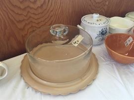 heavy glass cake top w/ retro plastic base 