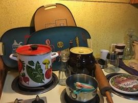 asparagus  steamer and cast iron -lots of kitchen  retro trays  