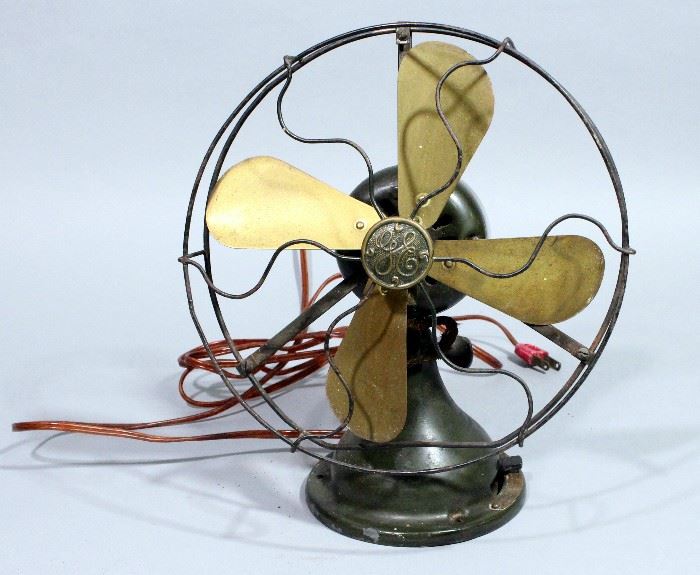 Vintage GE General Electric Brass 4-Blade Desk Fan, Type ARR, Form N1, 3 Speed, 10"Dia, Rewired, Works