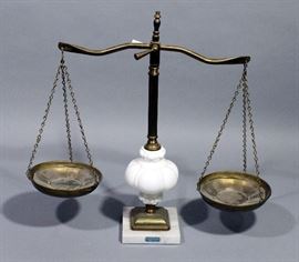 Mid Century Brass Justice Scale with Milk Glass Center and Marble Base, Pair of Hobnail Milk Glass Electric Lamps, Candle Wall Sconces, More