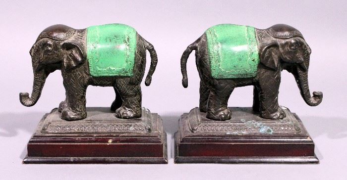 Pair of Metal Elephant Bookends on Wood Bases, 6"H