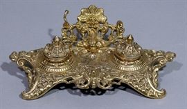 Ornate Brass Double Inkwell Letter Holder Desk Set, 12"W
