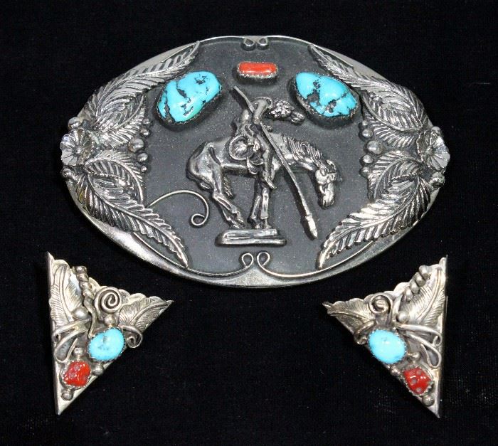 Genuine Turquoise and Coral End of the Trail Belt Buckle and Matching Collar Tips